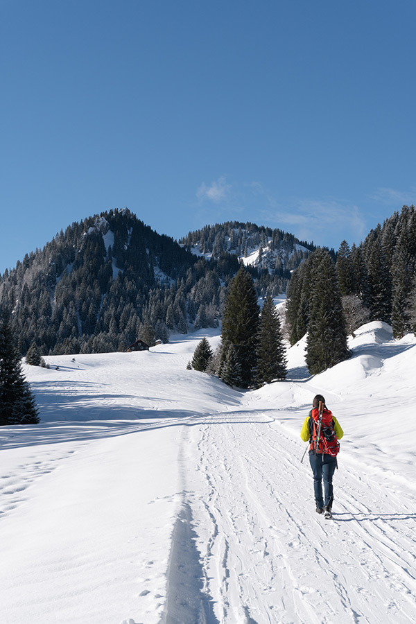 Een wandelaar loopt over een breed besneeuwd pad. Hij is weggedraaid van de camera en draagt een groene jas en rode rugzak. Hij loopt omhoog richting twee bergtoppen.